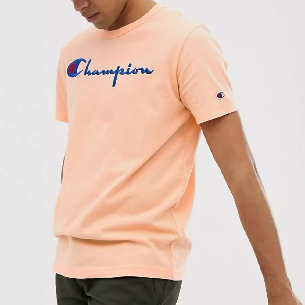 Champion Peach Cotton Short-Sleeve Brand Logo T-Shirt For Men's Size Small